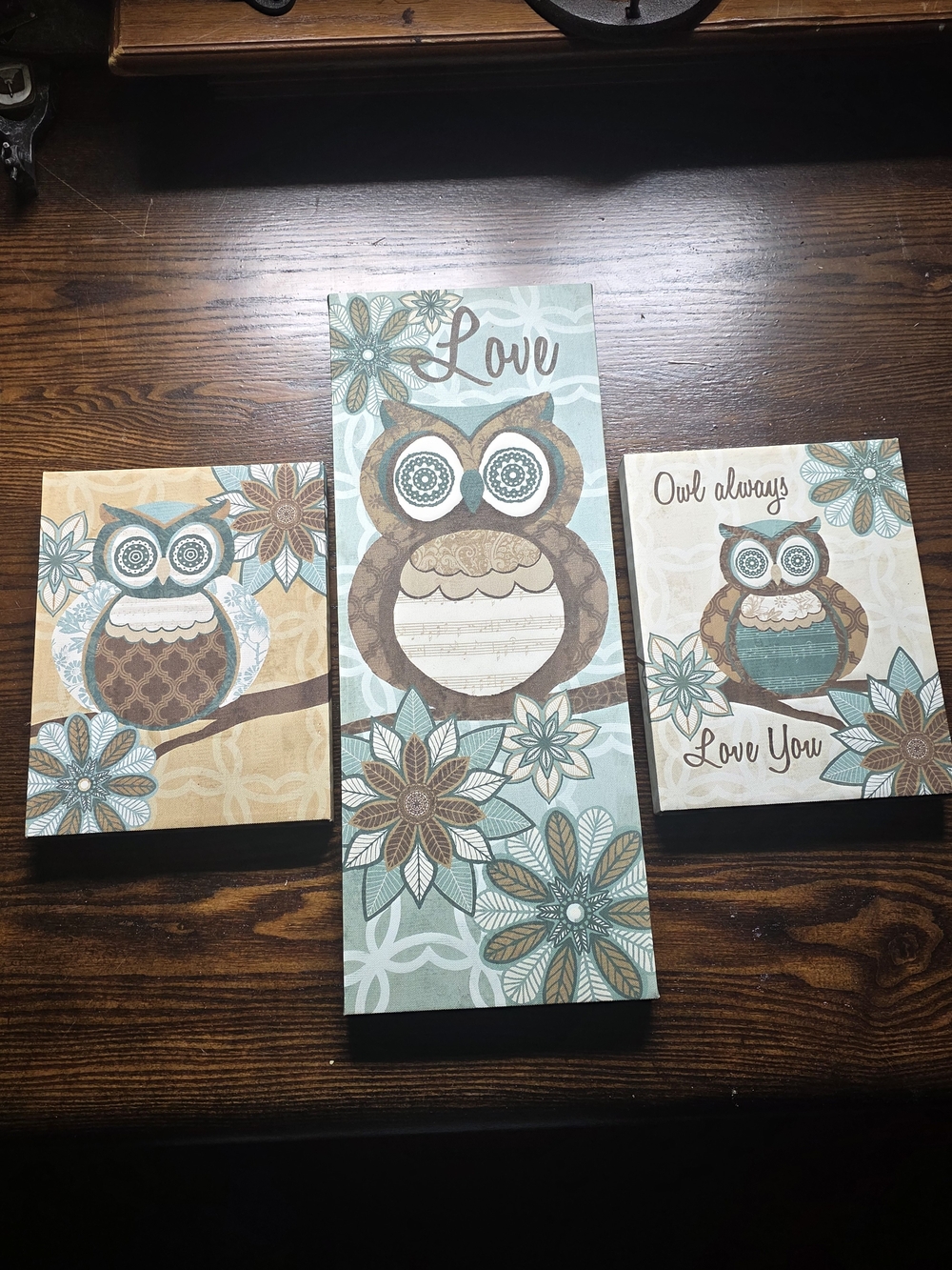 Owl Wall Art Trio - Teal, Brown & Cream